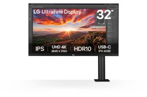 Écran LG 32 pouces IPS 16:9 UHD 4K 3840x2160 350cd/m² 5ms HDMI DisplayPort USB-C Sortie Casque HPs Pied Réglable haut Inclin Rotatif Pivot - 32UN880K-B
