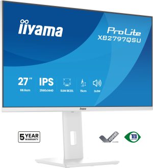 Écran IIYAMA 27 pouces Blanc Ultra mince dalle IPS 16:9 2560x1440 75Hz 350 cd/m² 1ms 1000:1 DP 2xHDMI 4xUSB (2x 3.2+2xC) HPs 15cm pied réglable en hauteur + Pivot - XB2797QSU-W1